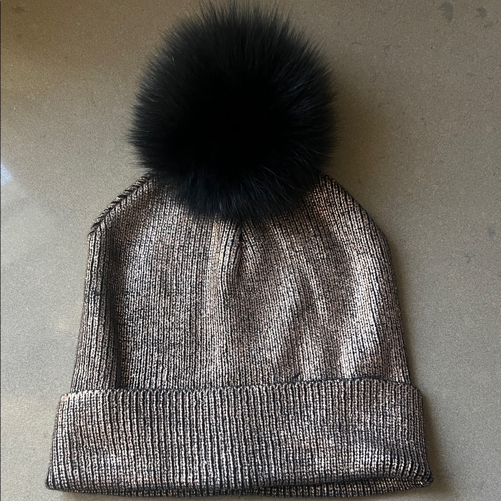 Jocelyn Metallic Knit Beanie with Black Pom Pom. OS